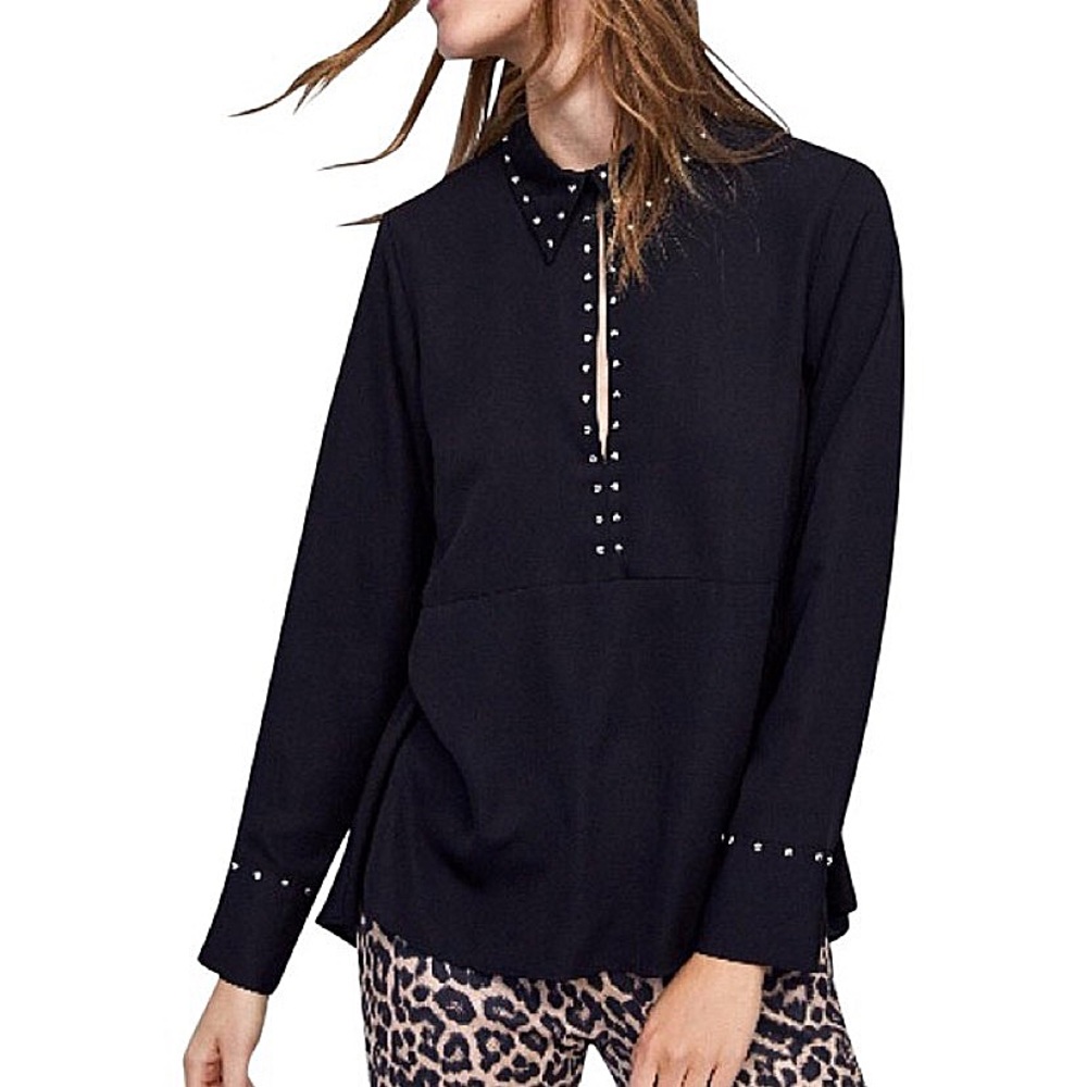 NWT Zara Silver Studded Black Blouse Size XS